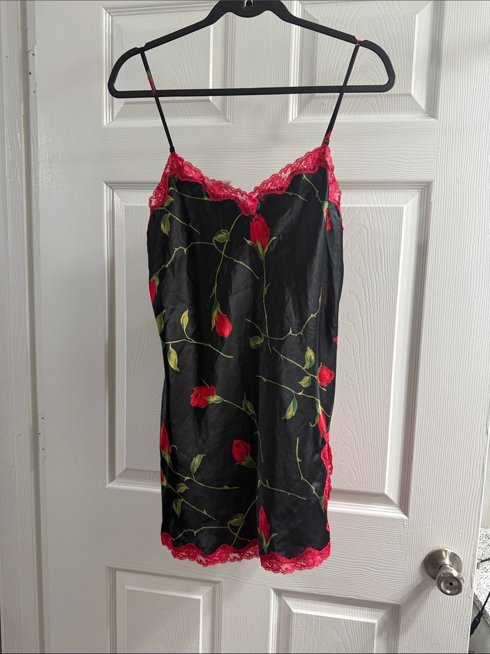 Victoria's Secret Black Slip with Red Rose Print and Red Lace Trim